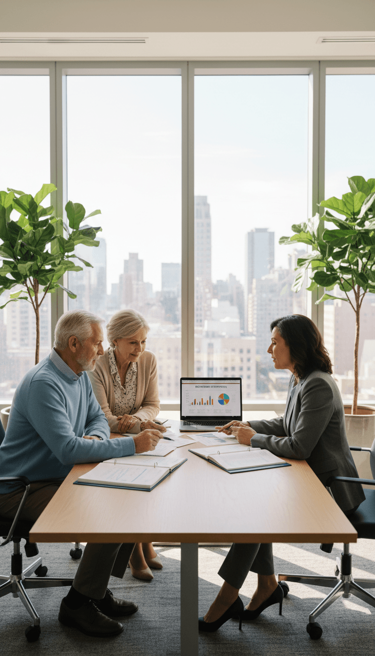 Older couple reviewing a document with a financial advisor in a bright office