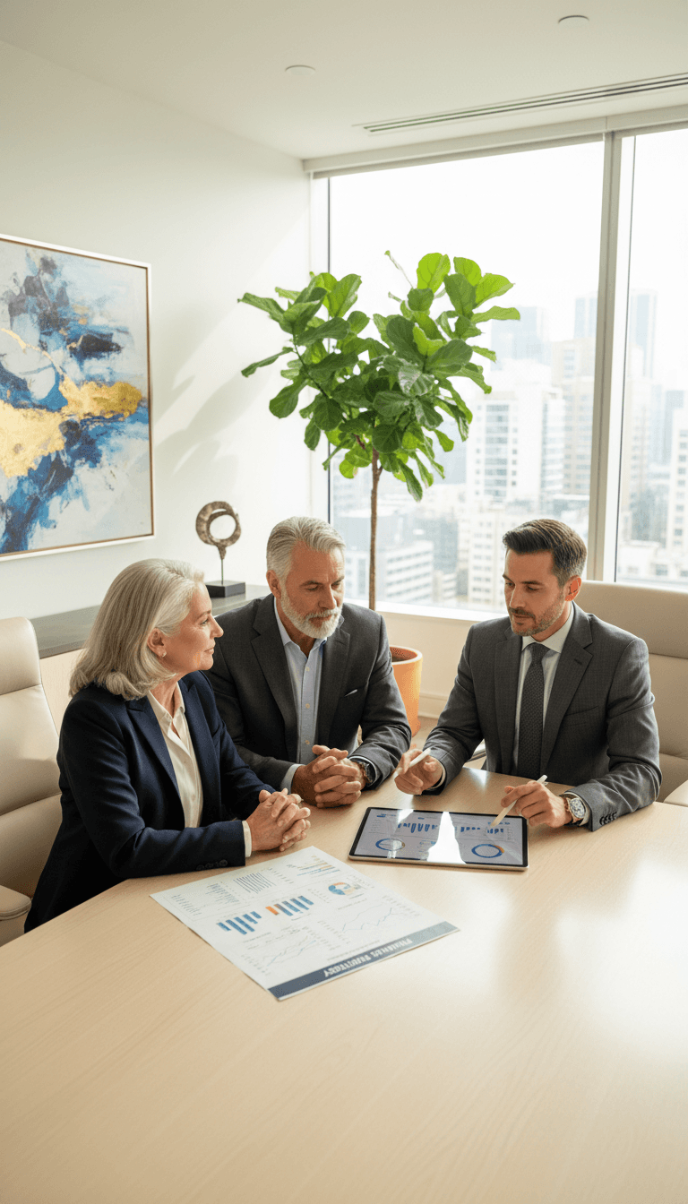 Older couple reviewing a document with a financial advisor in a bright office