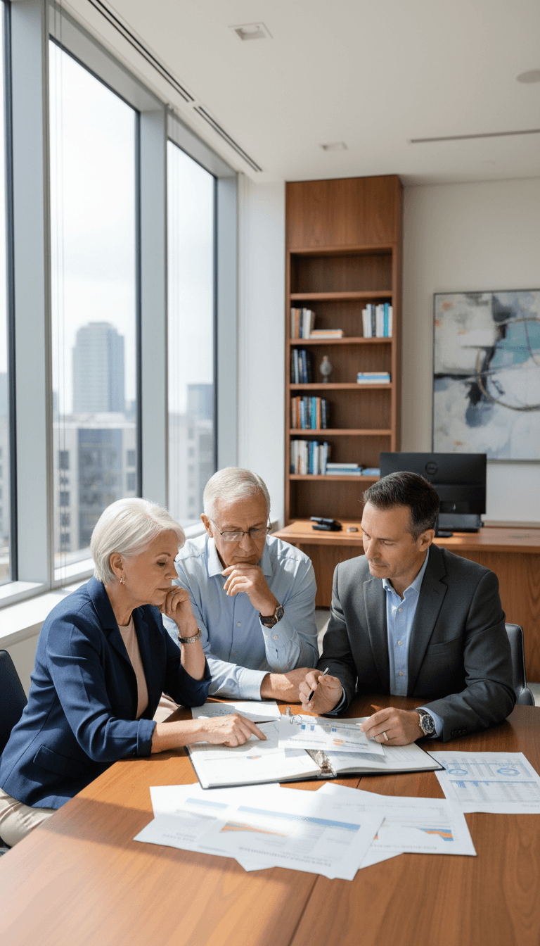 Older couple reviewing a document with a financial advisor in a bright office