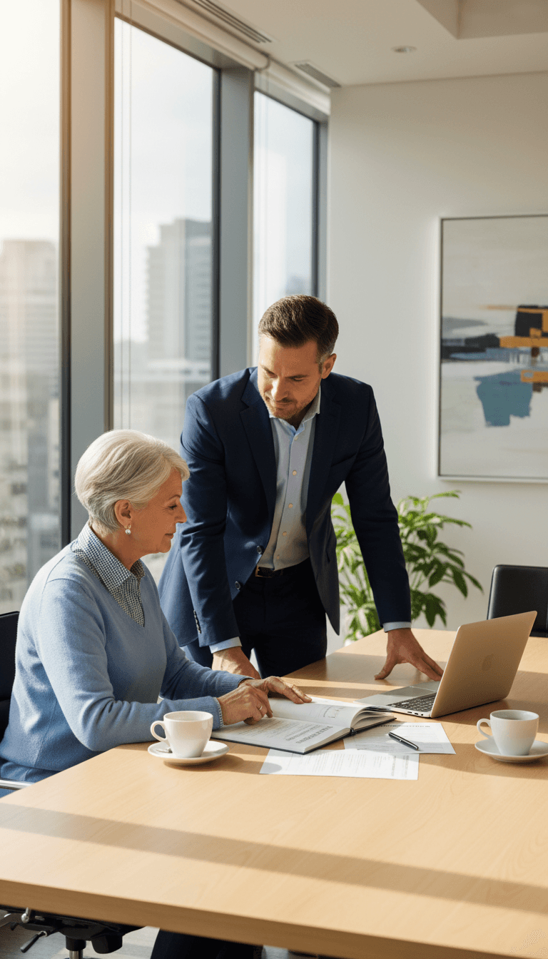 Financial advisor meeting with retired couple over coffee at a bright table