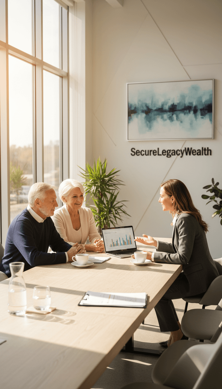 Financial advisor meeting with retired couple over coffee at a bright table