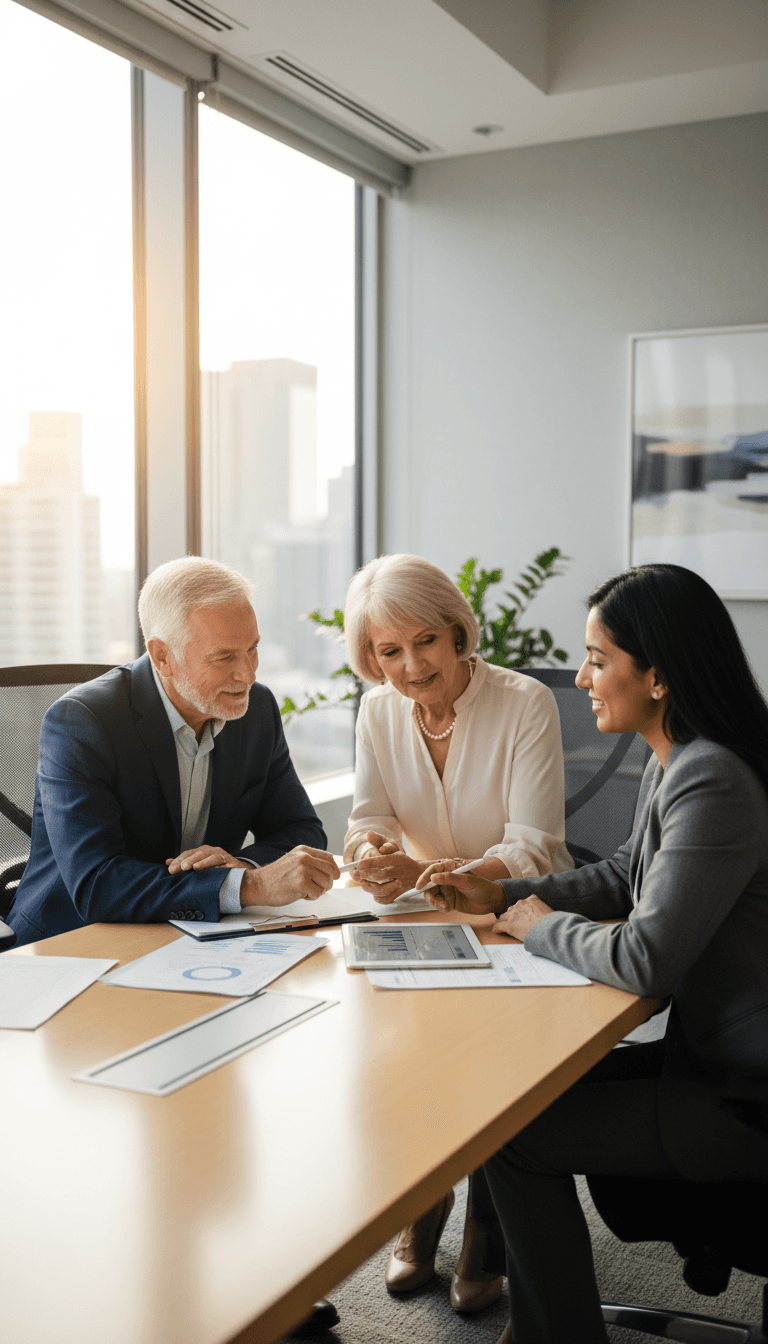 Older couple reviewing a document with a financial advisor in a bright office