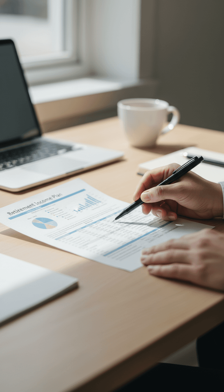 Advisor's hands reviewing a retirement income plan document on a desk