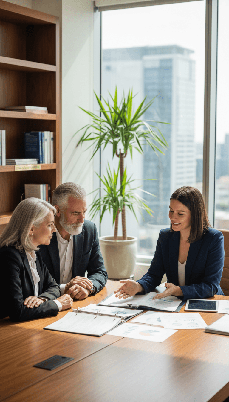 Older couple reviewing retirement plans with a financial advisor in a bright office.