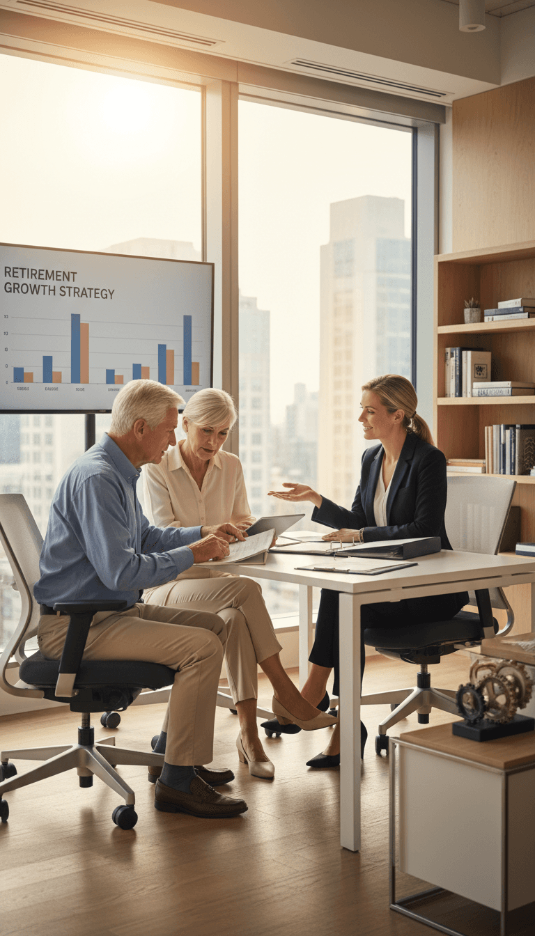 Older couple reviewing a document with a financial advisor in a bright office