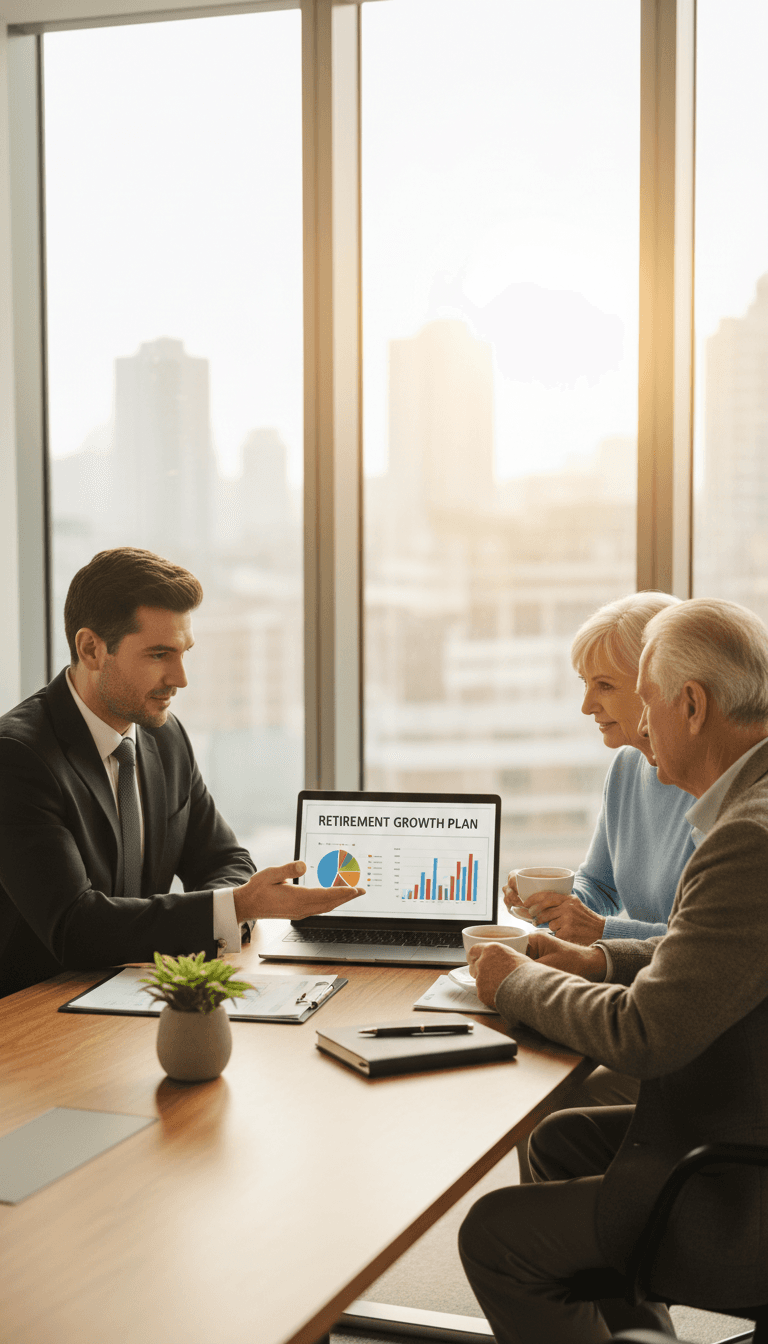 Financial advisor meeting with retired couple over coffee at a bright table