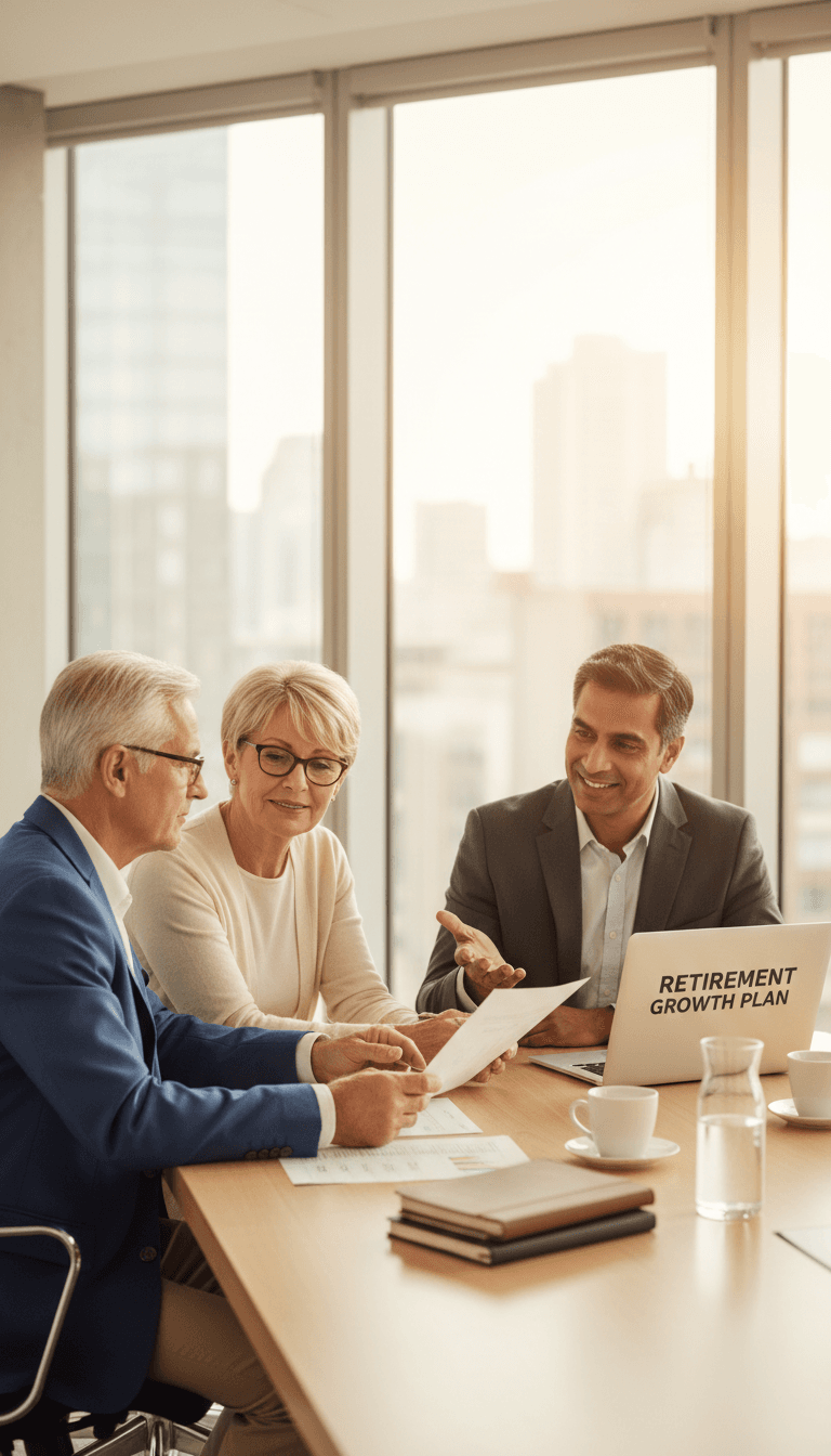 Older couple reviewing a document with a financial advisor in a bright office