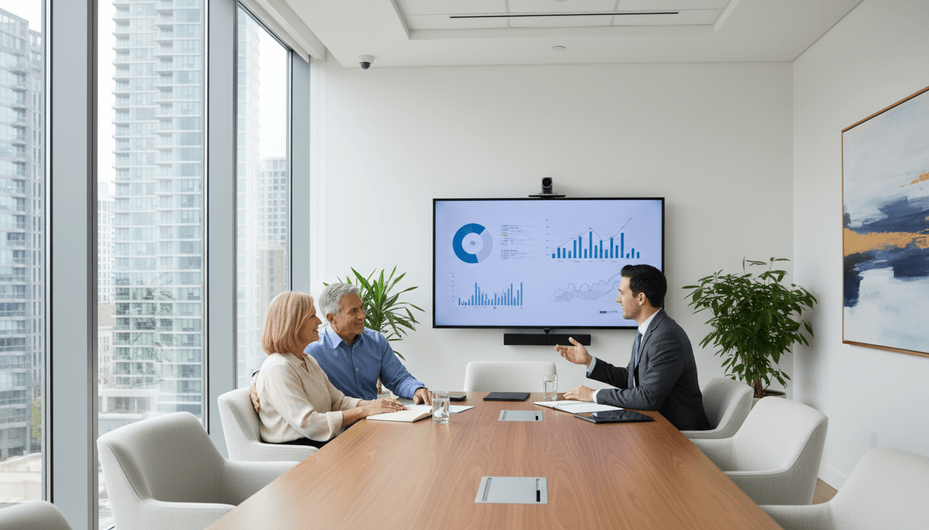 Older couple reviewing a document with a financial advisor in a bright office