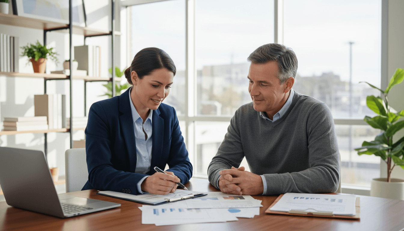 Financial advisor meeting with a couple in a bright, modern office, reviewing retirement plan documents on a desk