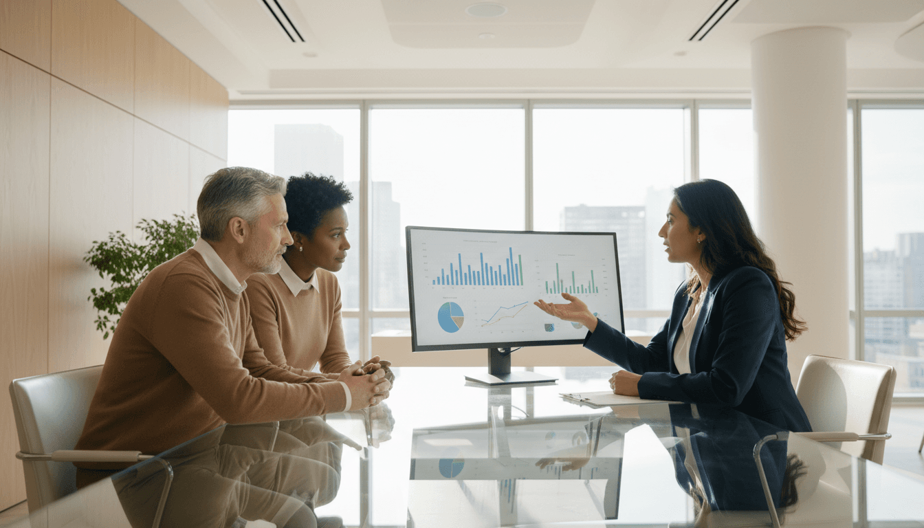 Financial advisor meeting with retired couple over coffee at a bright table