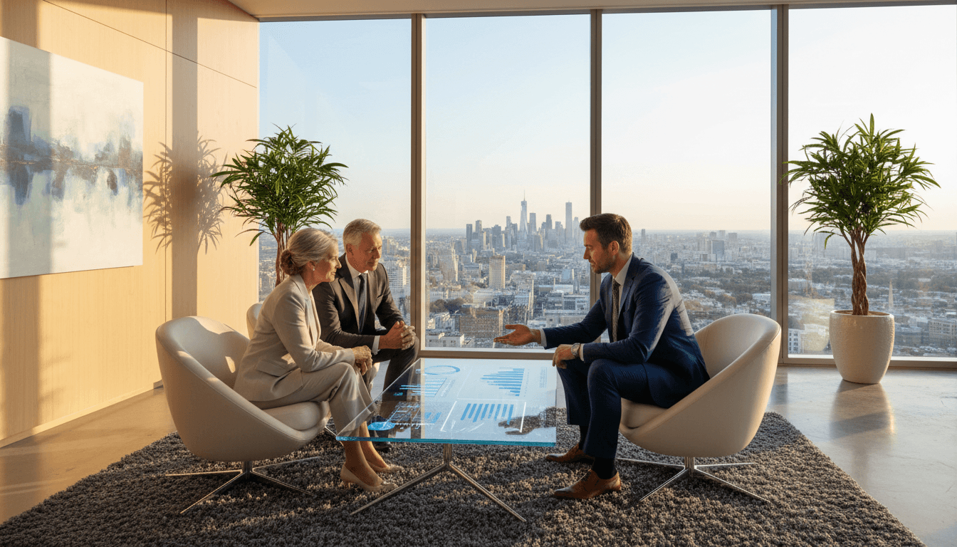 financial advisor meeting with clients in professional office setting